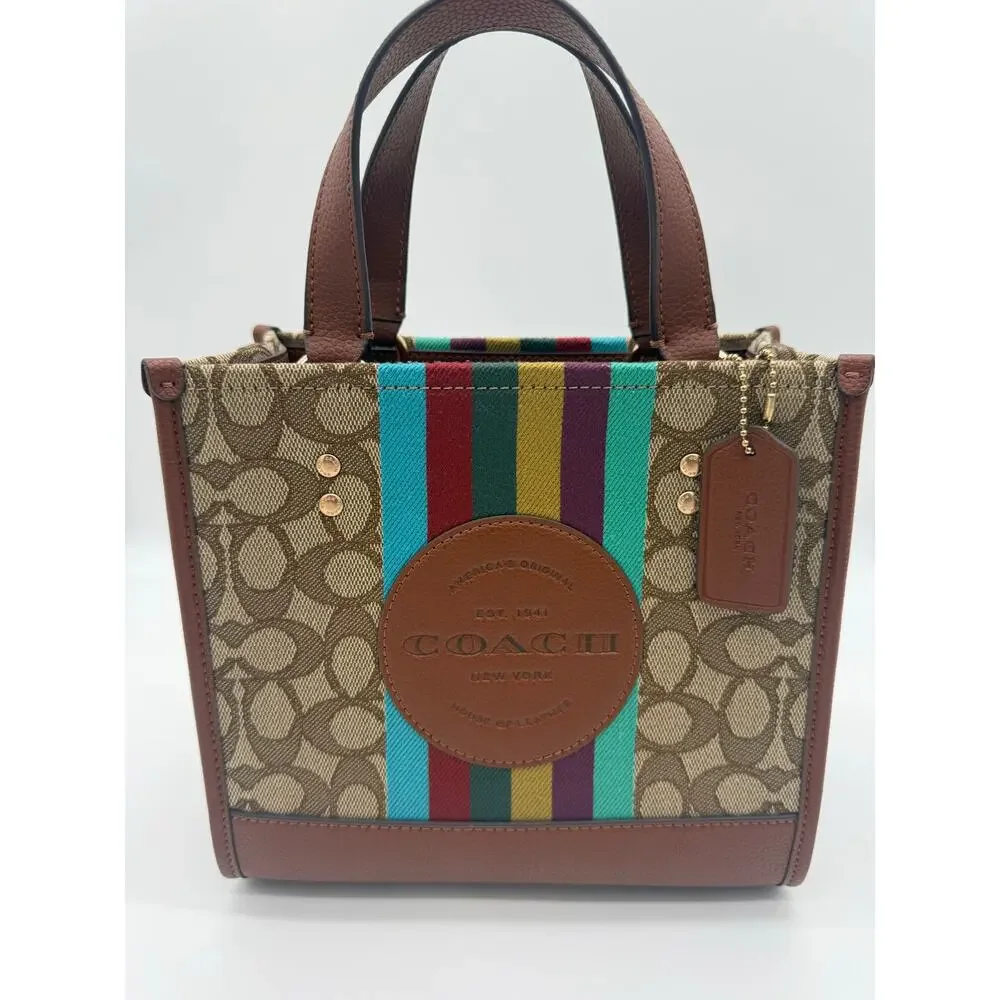 Coach Dempsey Tote 22 Signature Jacquard Canvas Rainbow Stripe Leather Bag C5119
